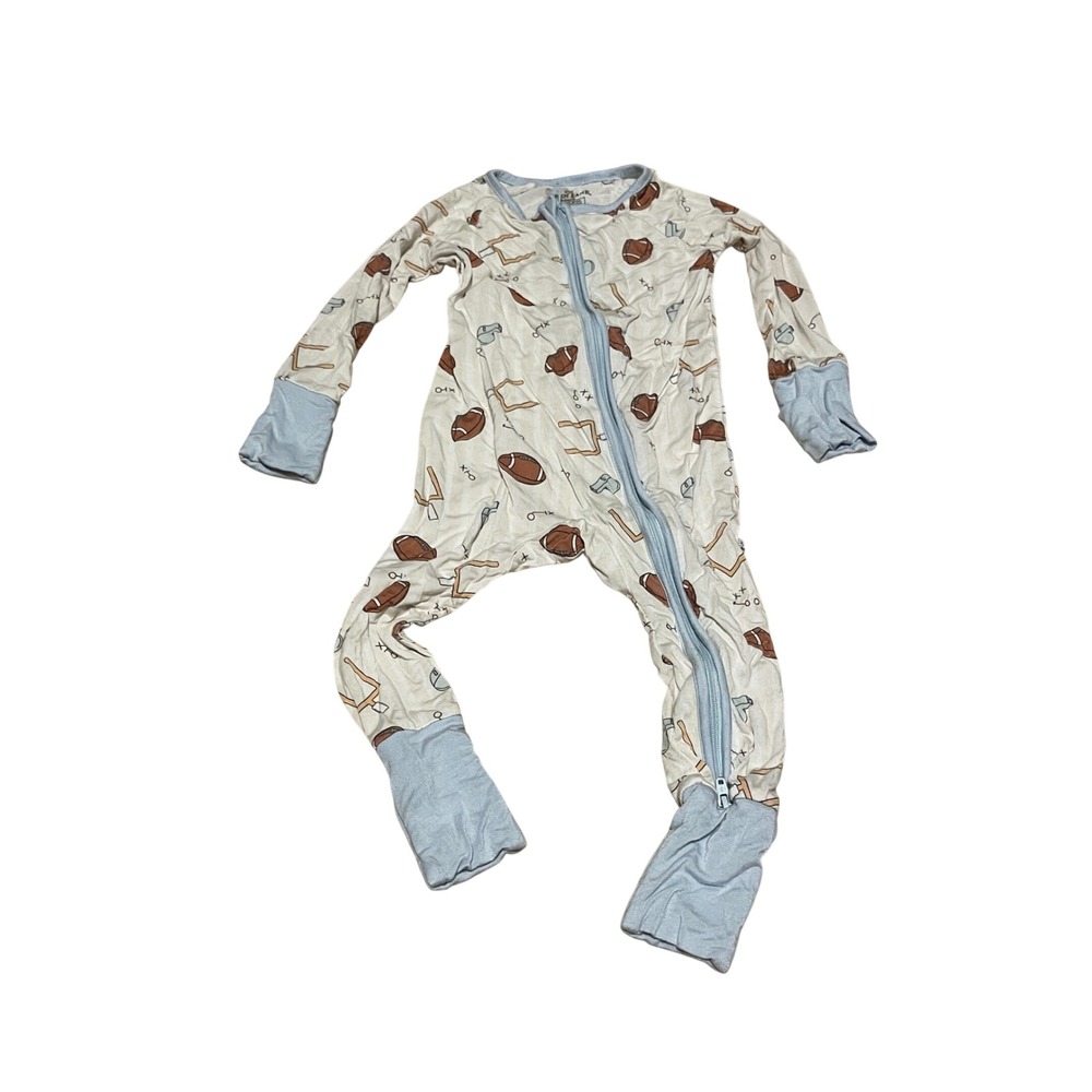 Caden Lane Football Bamboo Viscose Two Way Zip Sleeper Blue Tan 6-12 Months I09